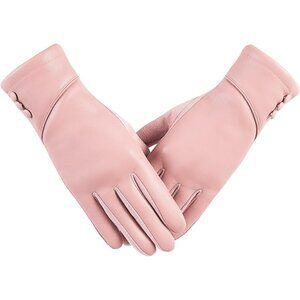 Women's Pink Winter Leather Suede Gloves Wool Lined Windproof Touchscreen